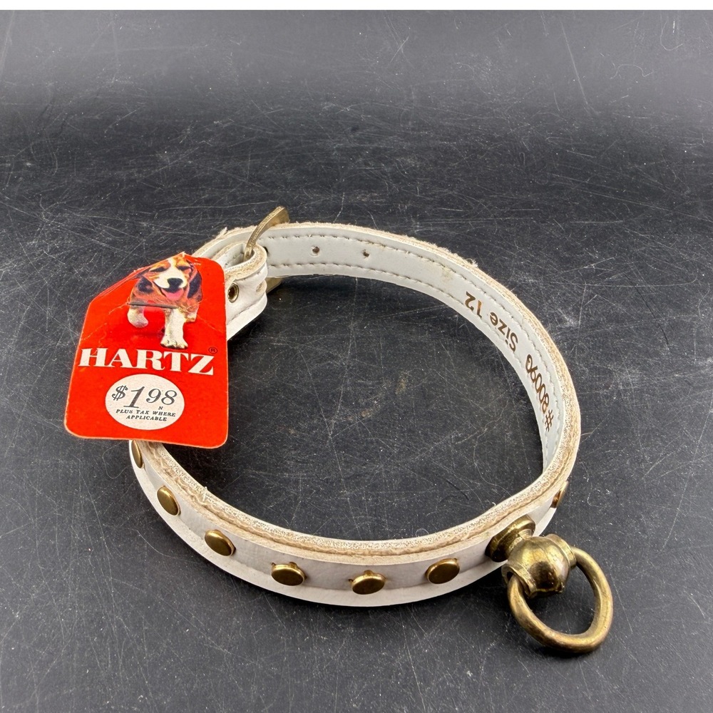 Vintage Hartz Mountain White Leather Brass Studded Dog Collar-Size 12 80090, NWT